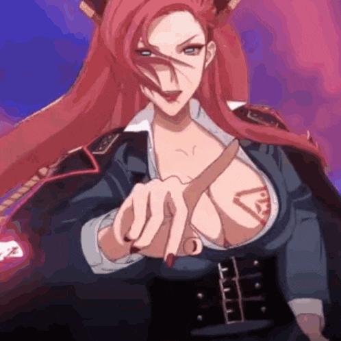 a woman with red hair is pointing at the camera with her finger