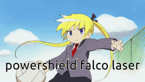 a cartoon of a girl kicking a soccer ball with the words powershield falco laser below her