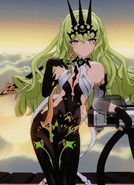 a girl with long green hair and a crown on her head