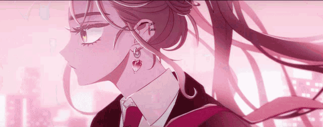 a girl with a heart shaped earring is wearing a red tie