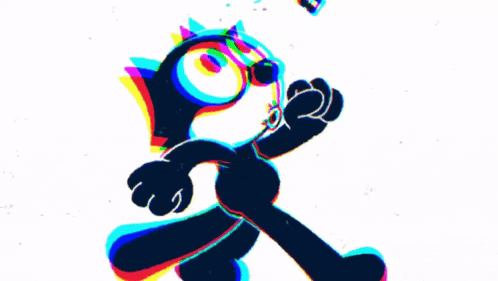 a cartoon cat with glasses and a rainbow colored face