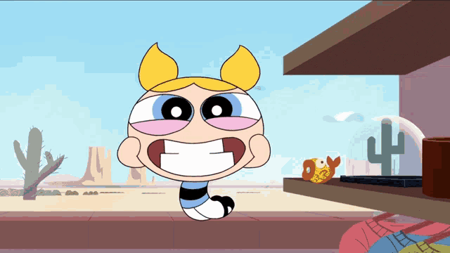 bubbles from the powerpuff girls stands next to a cactus