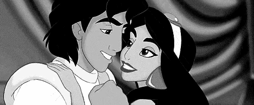 a black and white cartoon of aladdin and jasmine hugging