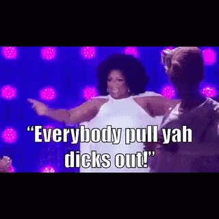 a woman in a white dress is dancing on a stage and says `` everybody pull yah dicks out ! ''