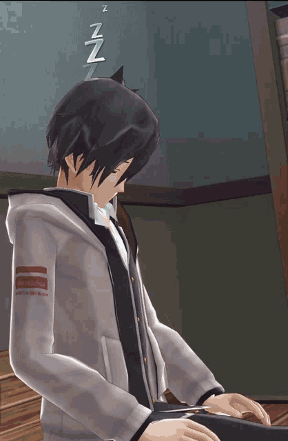 a video game character is sleeping with the letter n written on his head