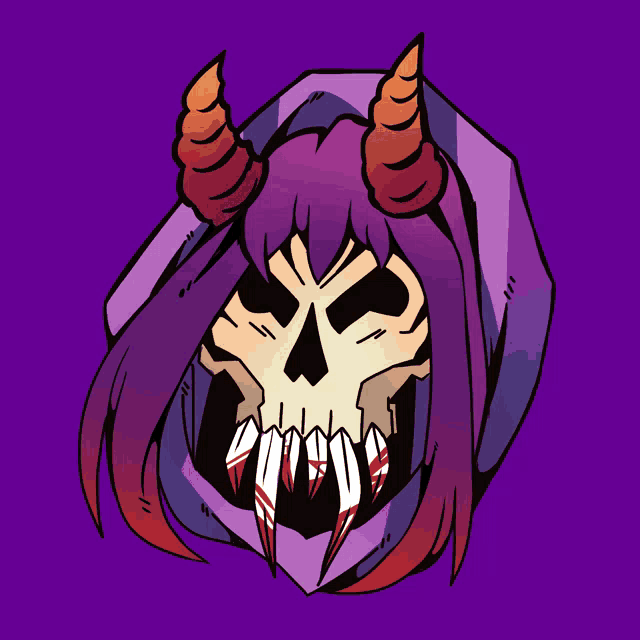 a drawing of a skull with horns and a purple hood