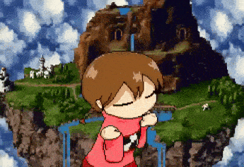 a pixel art of a girl with her eyes closed in front of a floating island