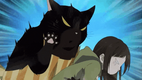 a black cat with yellow eyes is standing next to a woman