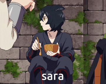 a girl in a black kimono is holding a bowl and the word sara is on the bottom