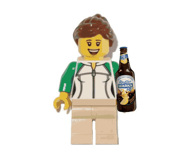 a lego figure is holding a bottle of radler warka
