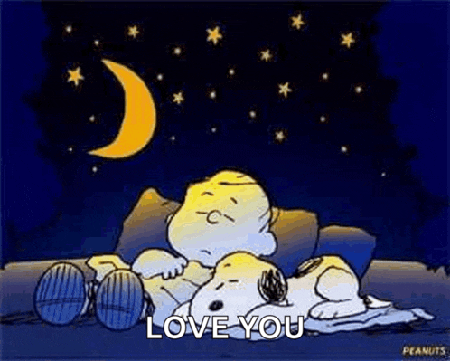 snoopy and charlie brown are sleeping on a couch under a crescent moon at night .