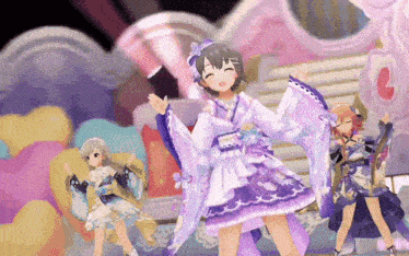 a girl in a purple and white dress is dancing with two other girls