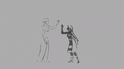 a black and white drawing of a man and a woman dancing together .