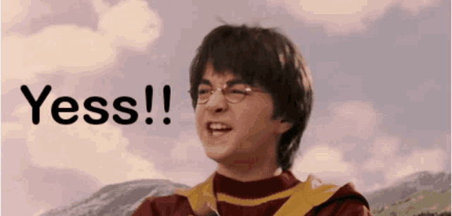 harry potter says yess in front of mountains and clouds