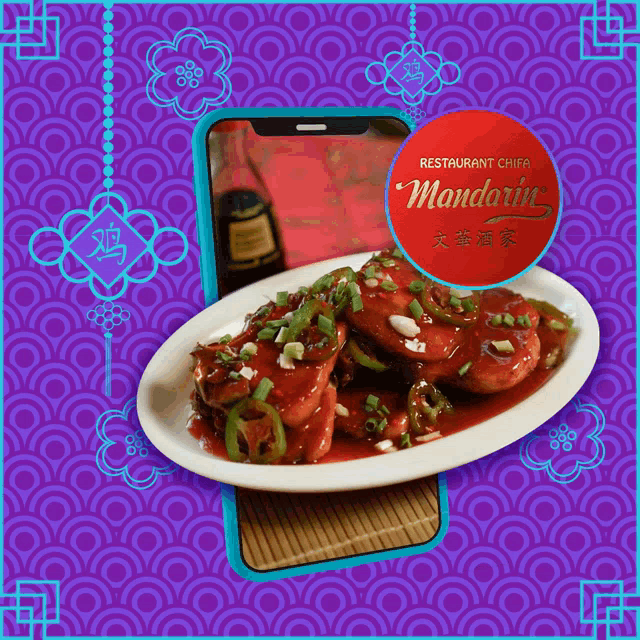 a phone displays a picture of a plate of food from mandarin restaurant