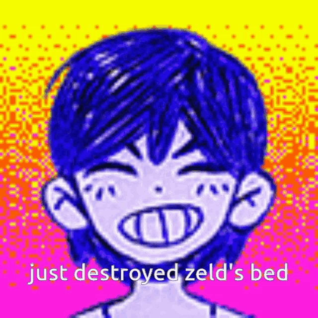 a cartoon of a boy with blue hair and the words `` just destroyed zelda 's bed ''