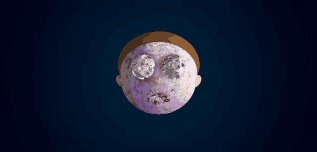 a cartoon character with a purple face and two moons