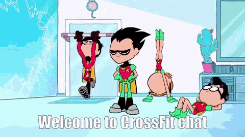 a cartoon of robin hanging from a bar with the words welcome to crossfit chat