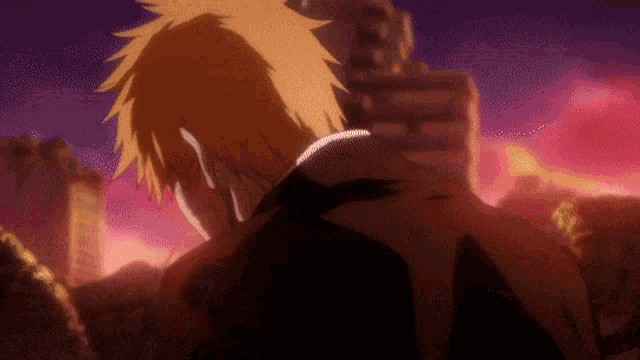 a man with orange hair is standing in front of a purple sky