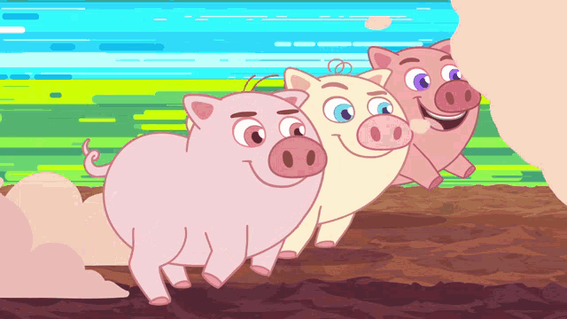 three cartoon pigs are running in a field