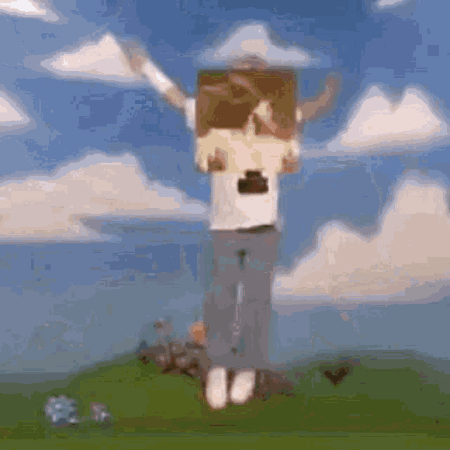 a man is jumping in the air while holding a picture of a dog on his head .