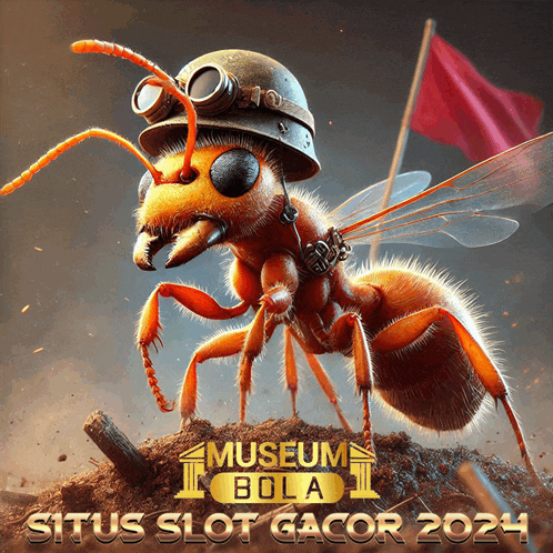 an ant wearing a helmet and goggles is on a poster for museum bola situs slot gacor 2024