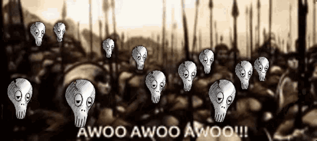 a black and white drawing of skulls with the words awoo awoo awoo on the bottom