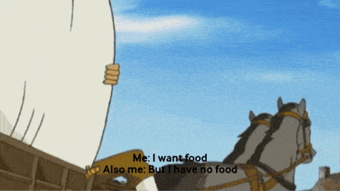 a cartoon of a horse pulling a wagon with the words " me i want food also me but i have no food "