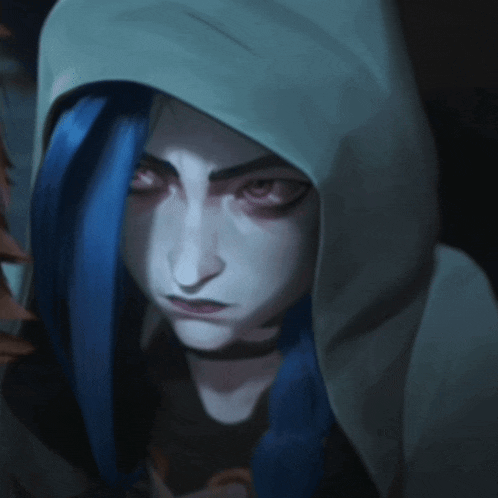 a girl with blue hair and a hood on her head