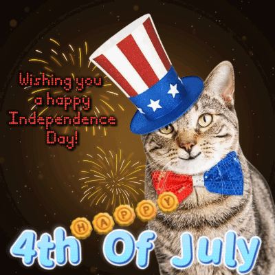 a cat is wearing an uncle sam hat and a bow tie and wishing you a happy independence day