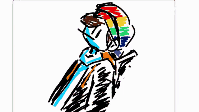 a drawing of a person laying on a bed with a rainbow hat on .