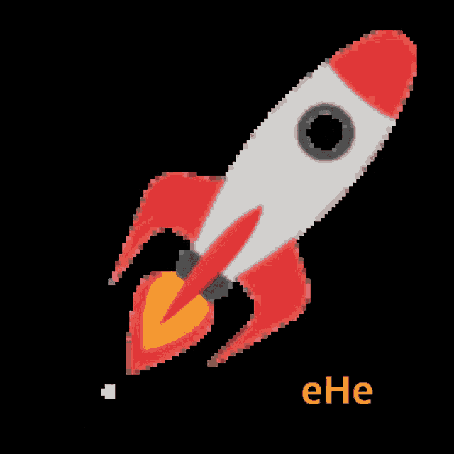 a pixel art of a red and white rocket with the word ehe underneath it