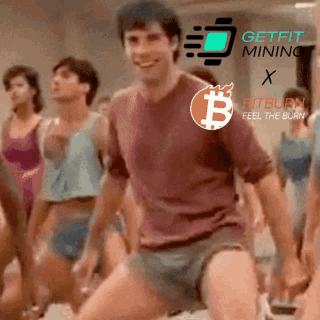 a man is dancing in front of a sign that says get fit mining