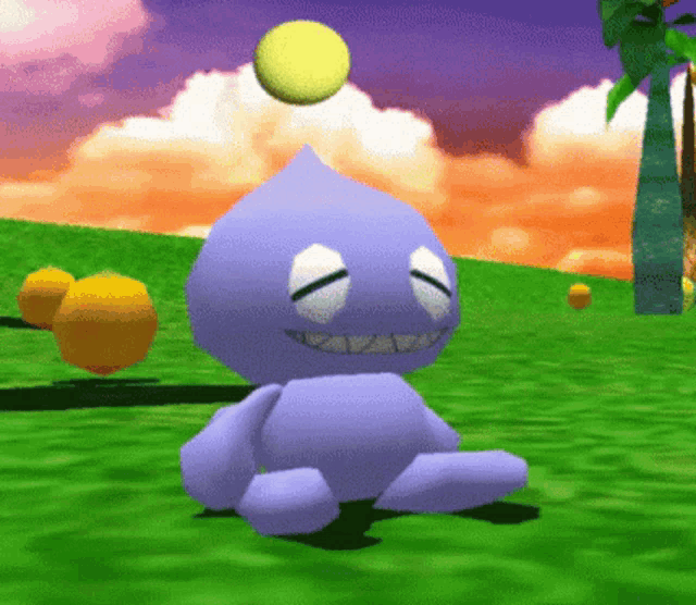 a cartoon character is sitting in the grass with a yellow ball flying in the background