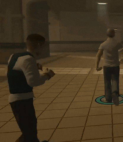 a man in a blue vest is walking in a hallway with lockers on the wall