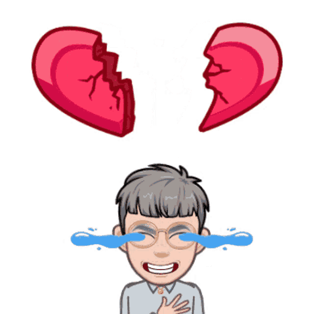 a cartoon of a man with glasses and a broken heart above his head