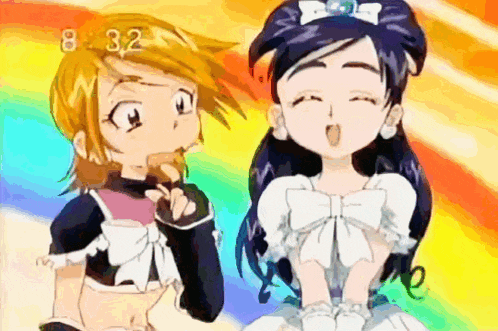 two anime girls are standing next to each other with the time of 8:32 in the background
