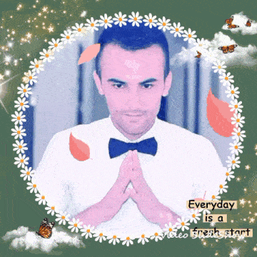 a man wearing a bow tie is surrounded by daisies and butterflies