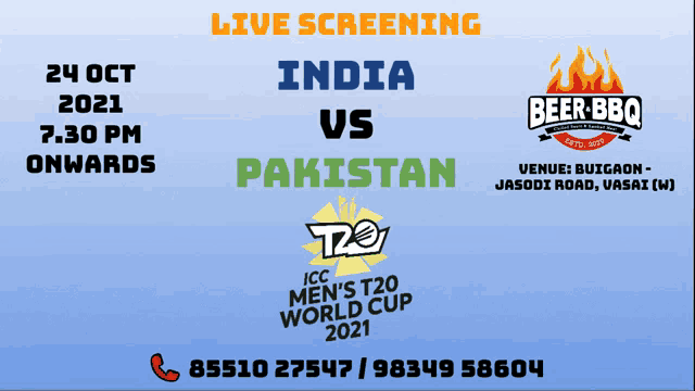 a poster advertising live screening of india vs pakistan on october 24th