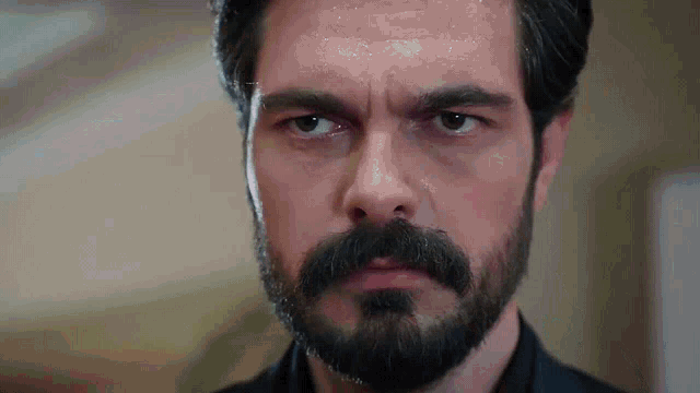 a close up of a man 's face with a beard
