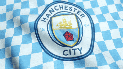 a blue and white checkered shirt with manchester city on it