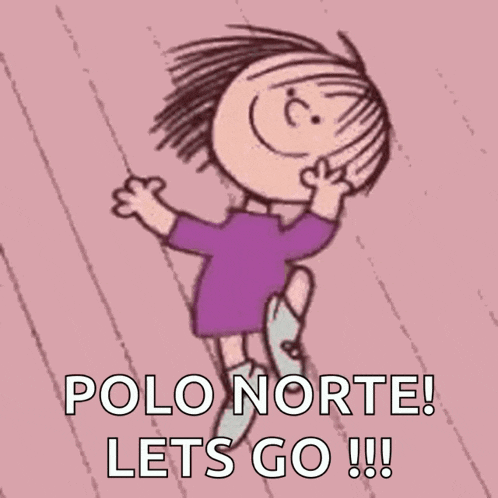 a cartoon of a girl jumping in the air with the words polo norte let 's go !