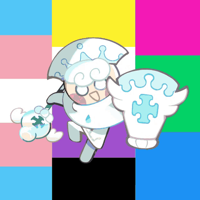 a cartoon character holding a puzzle piece with a rainbow background