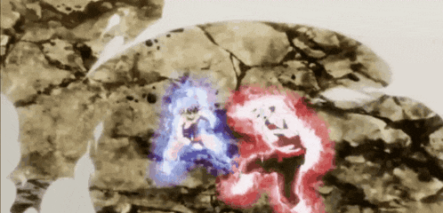 a painting of a person with blue and red energy coming out of their mouth