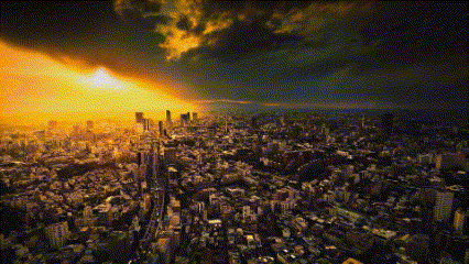 an aerial view of a large city at sunset