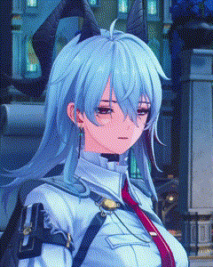 a girl with blue hair and horns is wearing a white shirt and a red tie