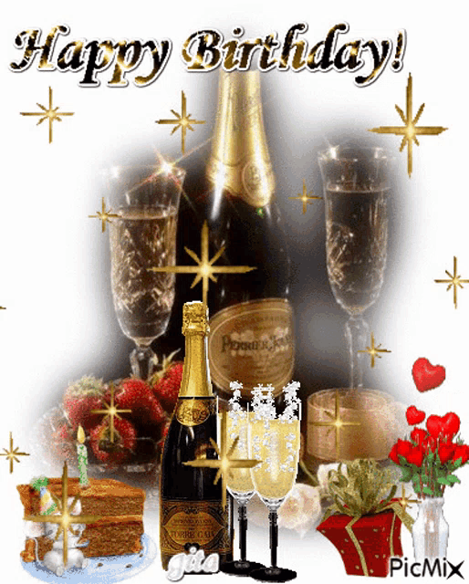 a happy birthday greeting with a bottle of champagne and glasses