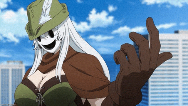 a woman wearing a mask and a green hat is giving an ok sign