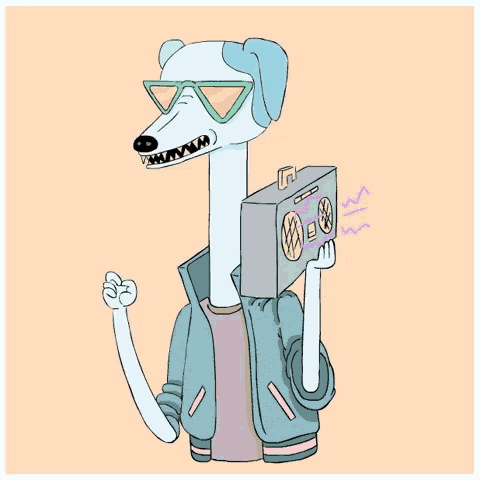 a cartoon dog wearing sunglasses is holding a boombox