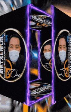 a man wearing a face mask is surrounded by purple lights and a metallicur logo